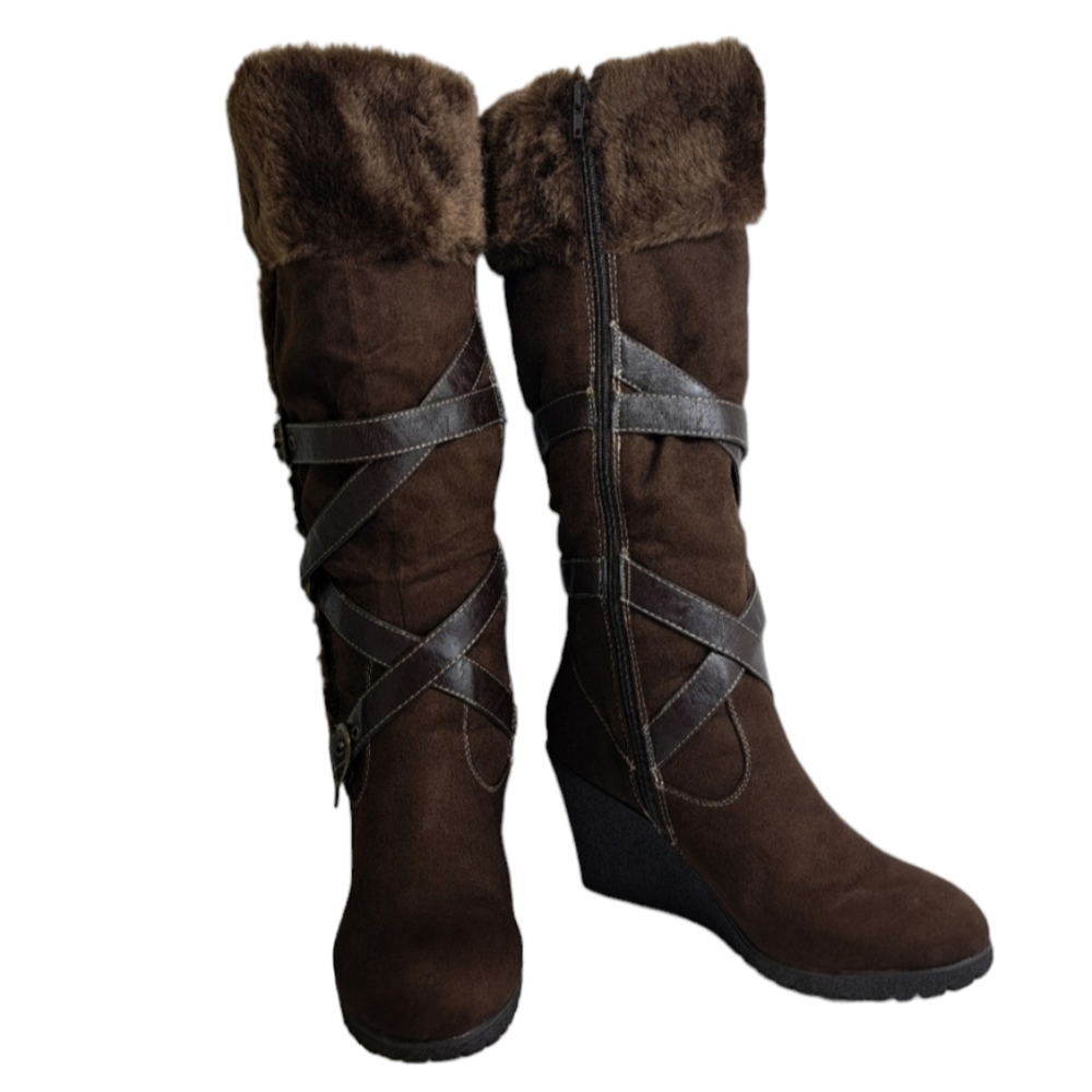 Canyon River Blues Suede Fur Lined Knee High Winter Women's Brown Boots 8 1/2 - Picture 2 of 16